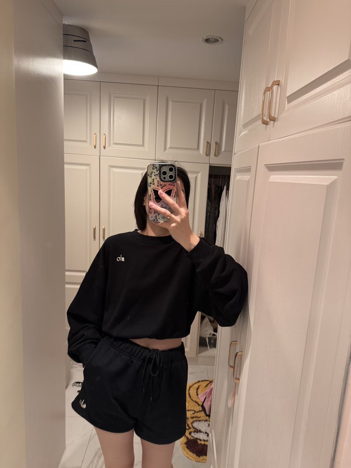 In stock new AIO short crew neck long-sleeve sweatshirt + drawstring shorts for women, casual loose and versatile daily set