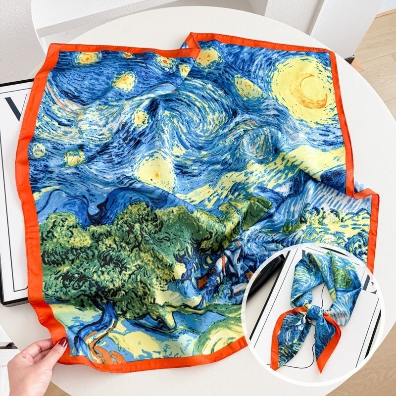 Small square scarf, Chinese style camellia spring and autumn silk scarf for women, Korean style versatile elegant imitation silk scarf, neckscarf tie, bag, and hair tie