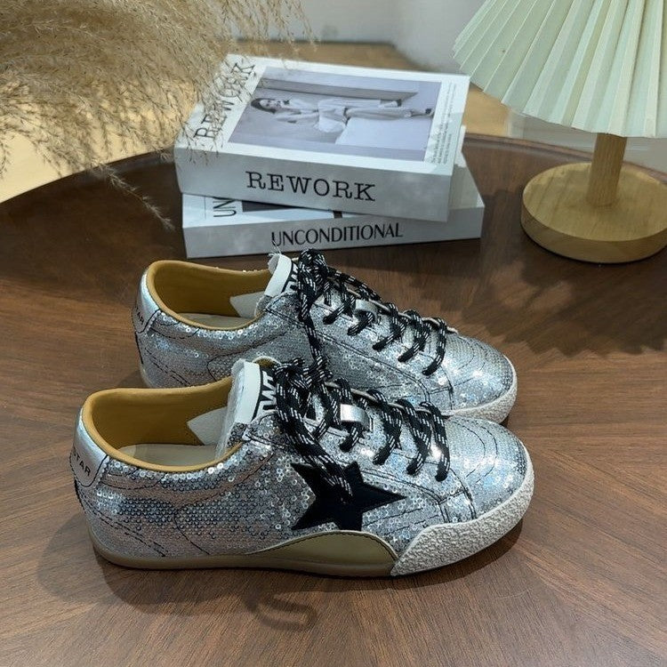 Vintage sequin starboard shoes for women, 2026 trendy new high-end color-block lace-up casual flats