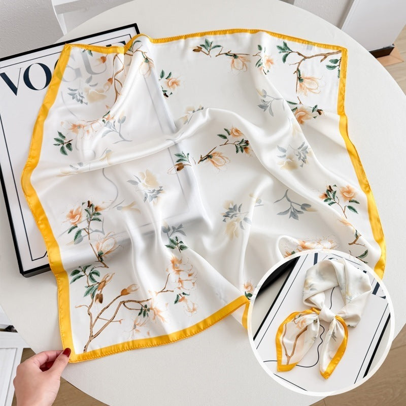 Small square scarf, Chinese style camellia spring and autumn silk scarf for women, Korean style versatile elegant imitation silk scarf, neckscarf tie, bag, and hair tie