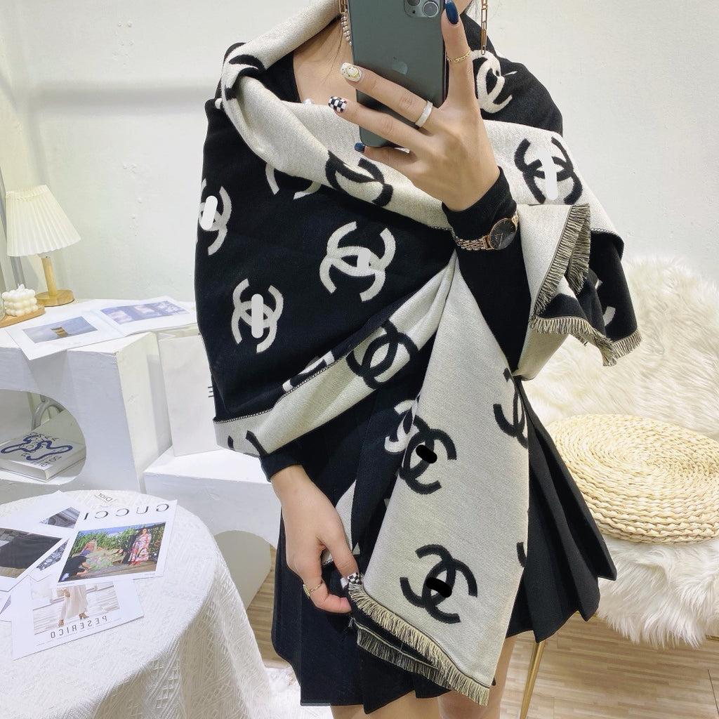 Imitation cashmere scarf women's double C with correct letters and label, shawl with label, warm scarf for women, cross-border wholesale with a light luxury and high-end feel