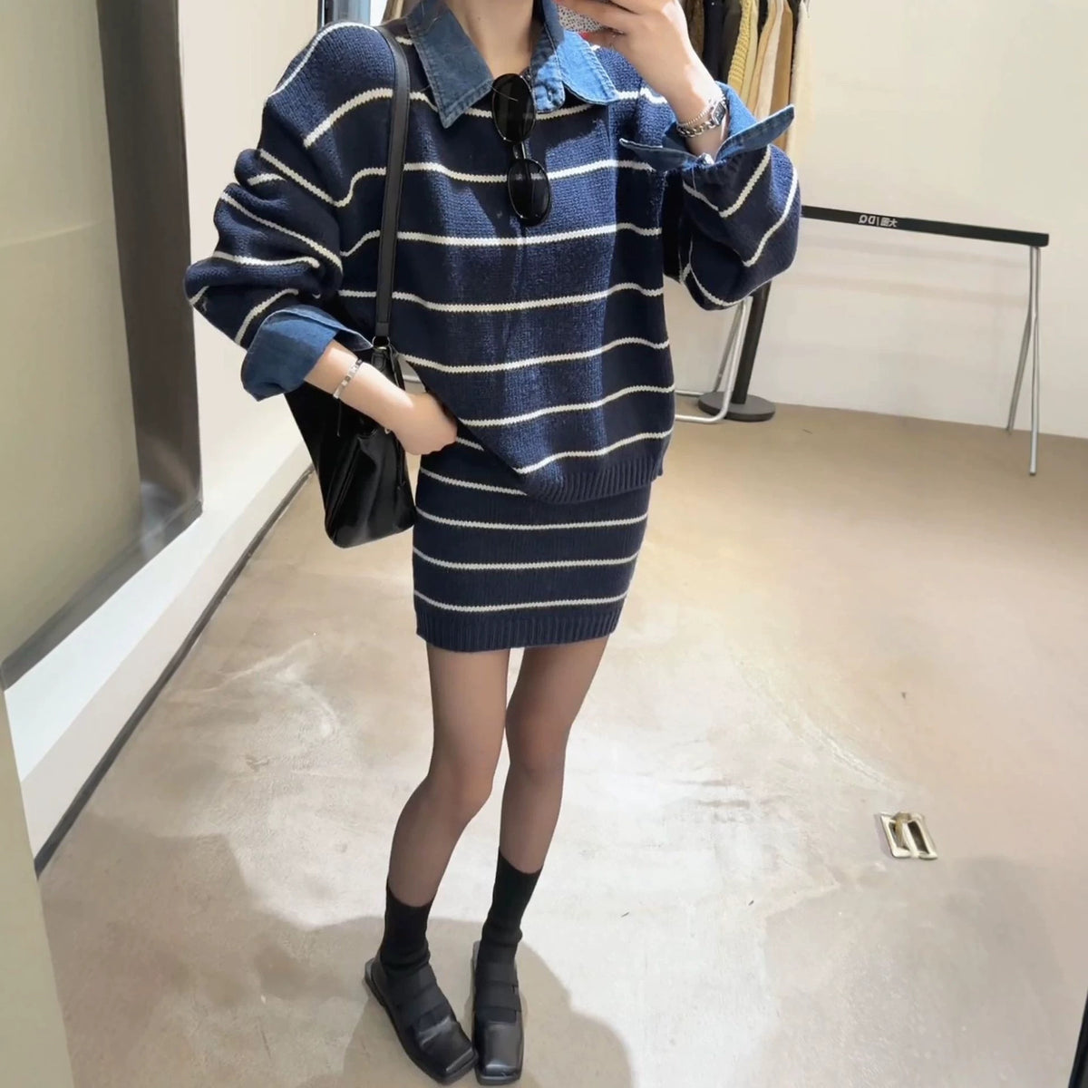 Denim lapel faux two-piece striped knit set, women's short loose sweater, high-waisted short skirt two-piece set