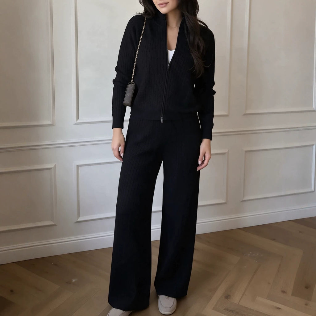 Knitted Two-Piece Outfit: Cross-border braided zipper cardigan + pants two-piece set for women