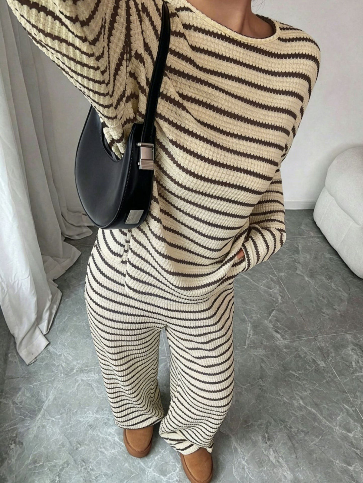 2026 European and American Cross-border Women's Wear Amazon Independent Site Autumn/Winter New Striped Crew Neck Long Sleeve and Long Pants Two-Piece Set