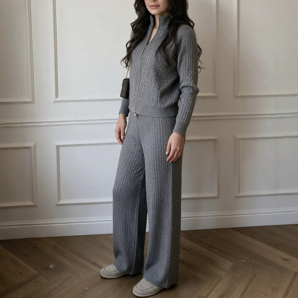 Knitted Two-Piece Outfit: Cross-border braided zipper cardigan + pants two-piece set for women