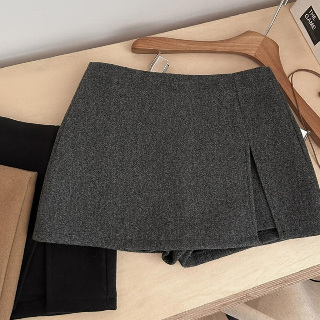 High-end double-slit woolen skirt, feminine temperament, versatile trouser skirt, anti-light skirt, high-waisted A-line skirt