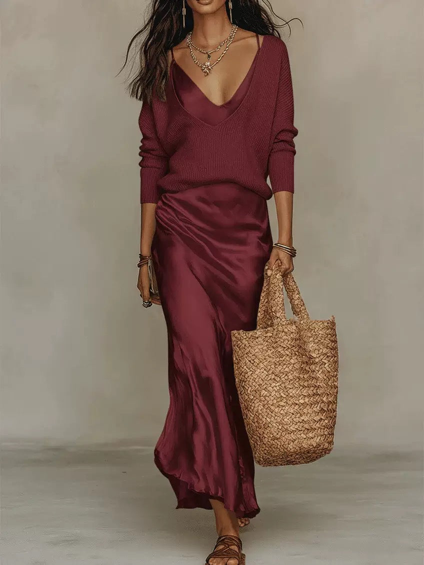 Amazon Europe & America Independent Site 2026 New Women's Knit Top, Satin Dress, Elegant Commuter Two-Piece Set