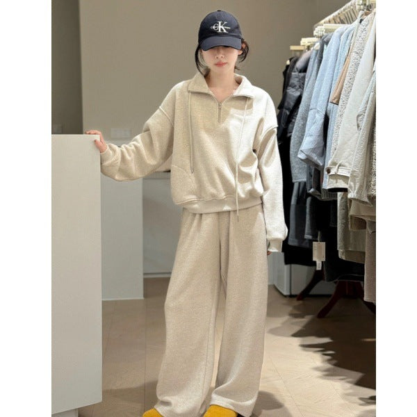 2026 Fashion Sportswear Set: Fleece-Lined Thickened Stand Collar Half Zipper Sweatshirt and Pants, Youthful Design Two-Piece Set for Women