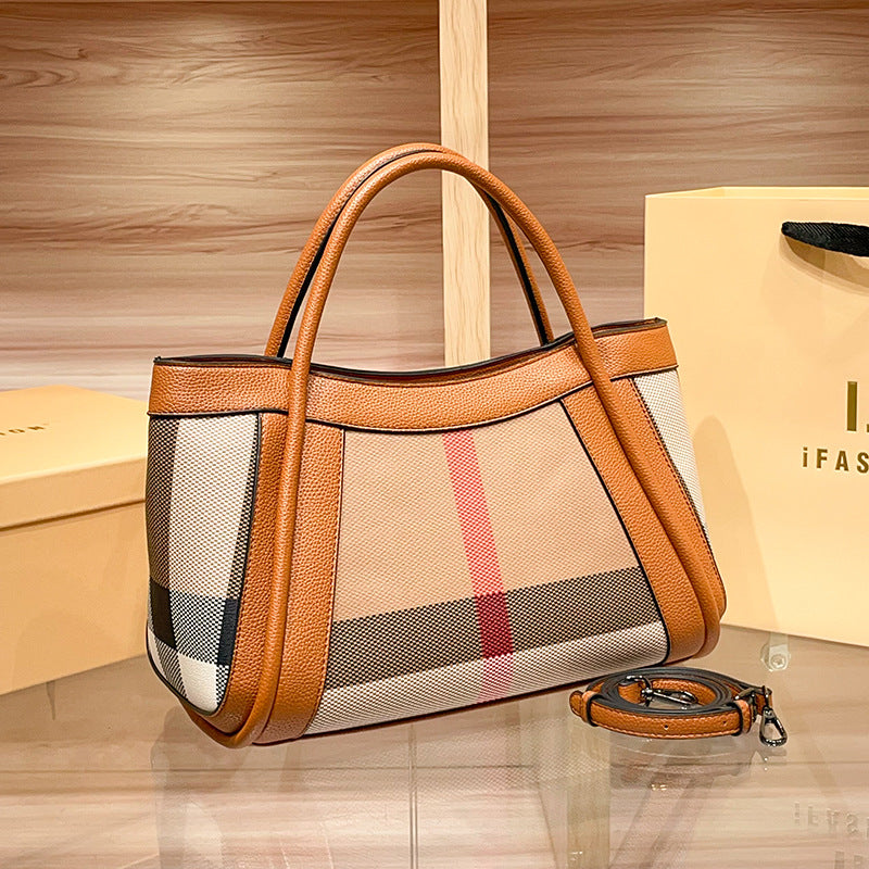 European and American fashion genuine leather large-capacity handbag, plaid tote bag, 2026 new style, women's single shoulder crossbody bag