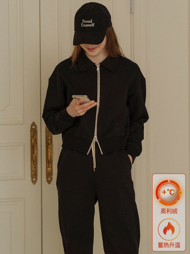 [Clearance Sale] Sweatshirt Set with Fleece, Women's Autumn/Winter Fashionable Casual Collared Sweatpants Sports Two-Piece Set