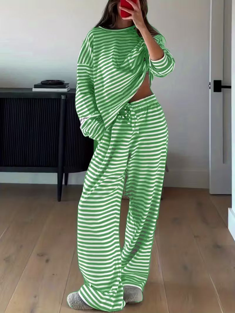 Amazon European and American women's hot-selling 2026 autumn striped long-sleeve tops, high-waisted pants, women's fashion casual sets