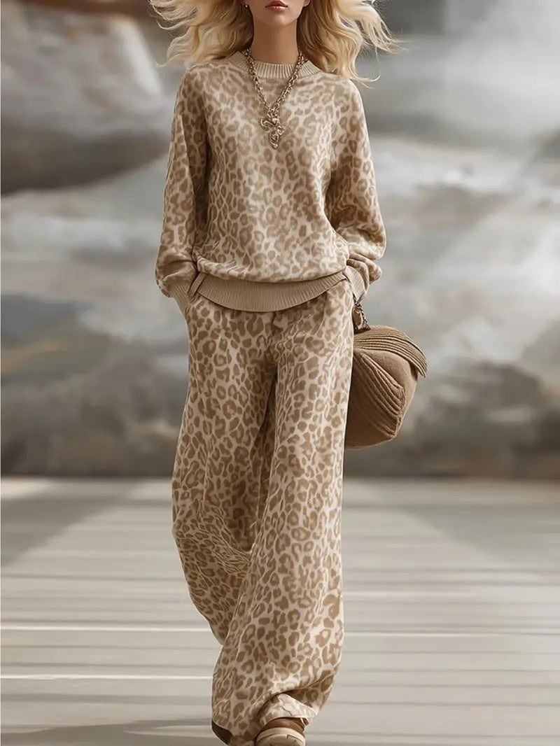 Fall/Winter 2025 Europe, America, Amazon cross-border light brown leopard print suit, long-sleeved slim sweatshirt, retro slacks, women