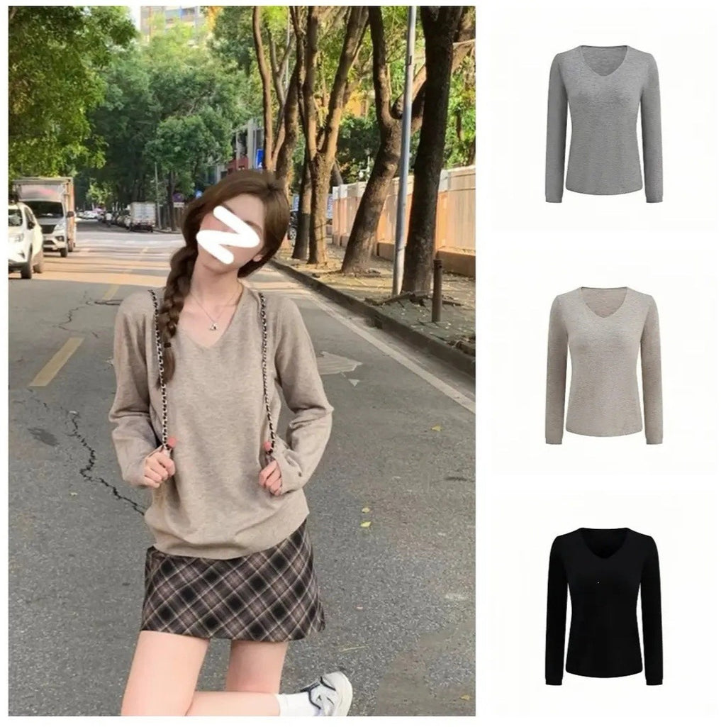 Autumn and winter Korean V-neck long-sleeve knit top for women, loose, slimming, solid color, versatile basic base top for outerwear