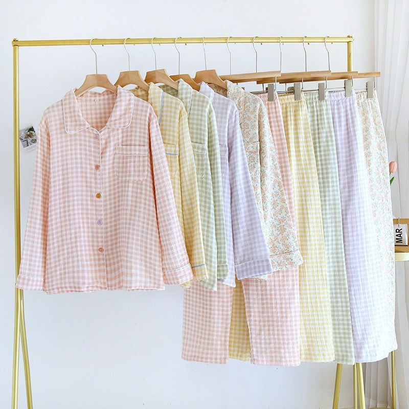 Bubble cotton pajamas, spring and autumn long women's long-sleeve floral thin lapel loungewear set, summer pure cotton pajamas