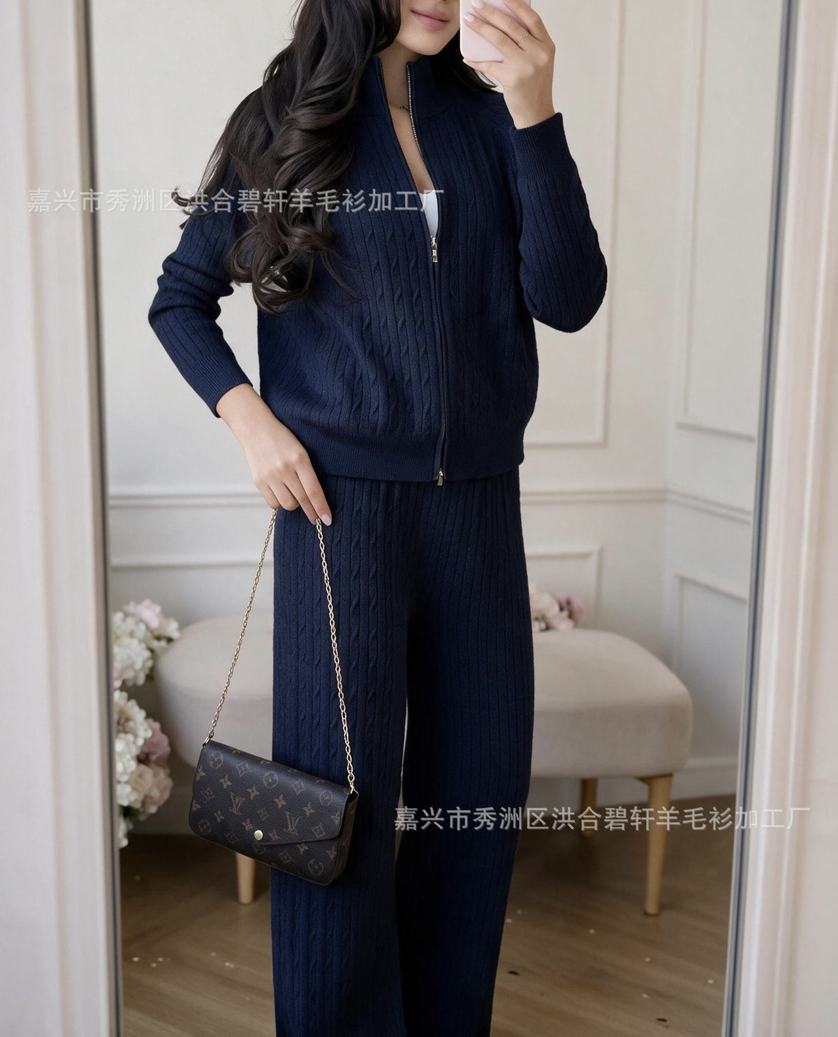 Knitted Two-Piece Outfit: Cross-border braided zipper cardigan + pants two-piece set for women