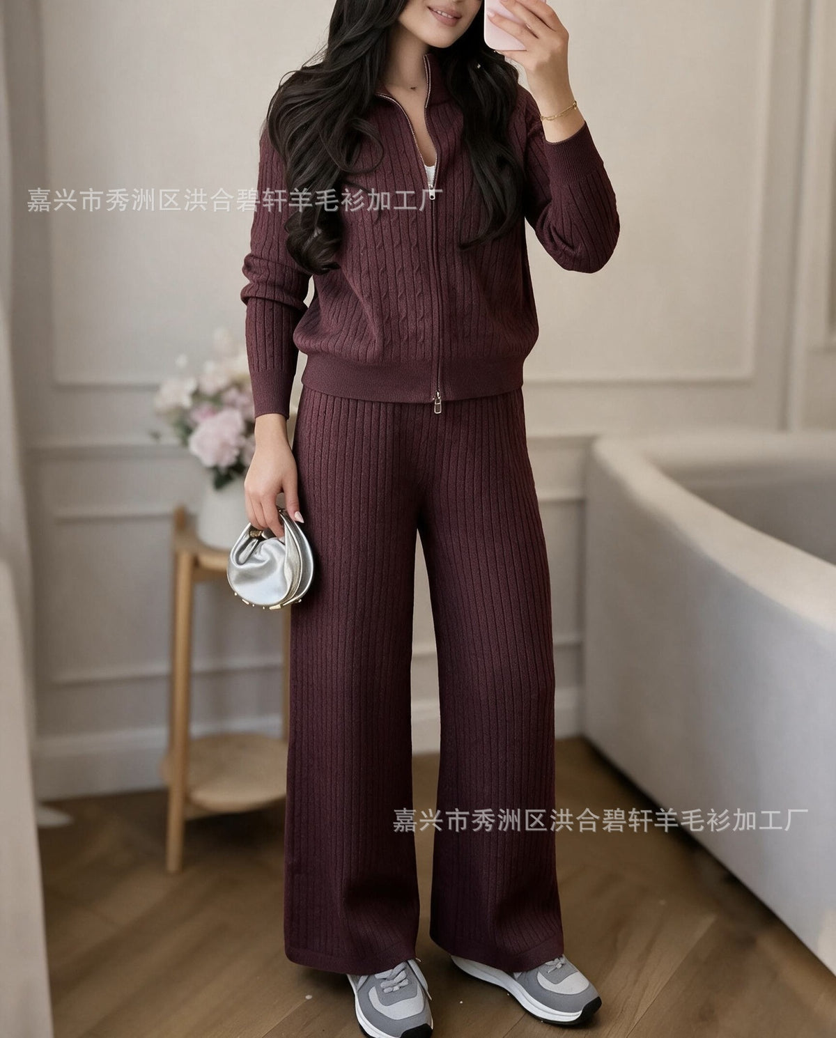 Knitted Two-Piece Outfit: Cross-border braided zipper cardigan + pants two-piece set for women