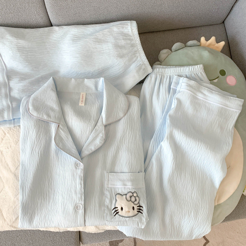 2025 New HelloKitty Cotton Gauze Pajamas Women's Summer Short Sleeve Long Pants Three-Piece Loungewear