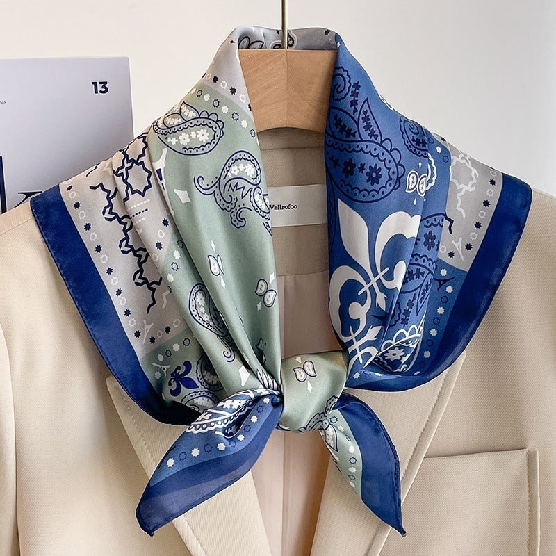 Small square scarf, Chinese style camellia spring and autumn silk scarf for women, Korean style versatile elegant imitation silk scarf, neckscarf tie, bag, and hair tie