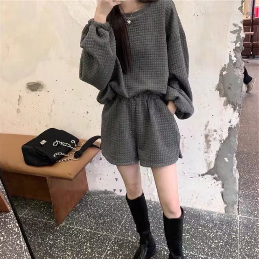 Japanese and Korean Lazy Style Long Sleeve and Shorts Set, Women's 2025 Autumn/Winter New Loose Plus Size Drawstring Sweatshirt Two-Piece Set
