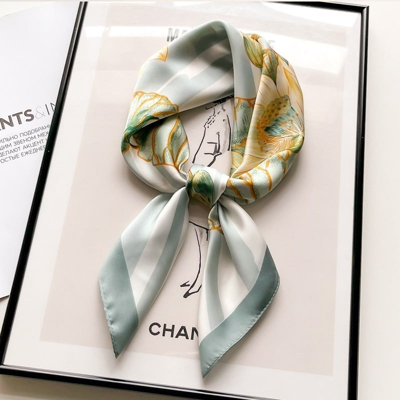 Small square scarf, Chinese style camellia spring and autumn silk scarf for women, Korean style versatile elegant imitation silk scarf, neckscarf tie, bag, and hair tie