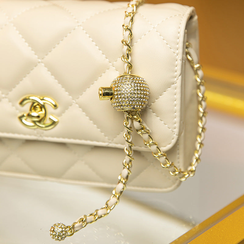 Small fragrance style leather large plaid crossbody bag one-shoulder women's diamond gold ball chain bag versatile small square bag diamond checkered
