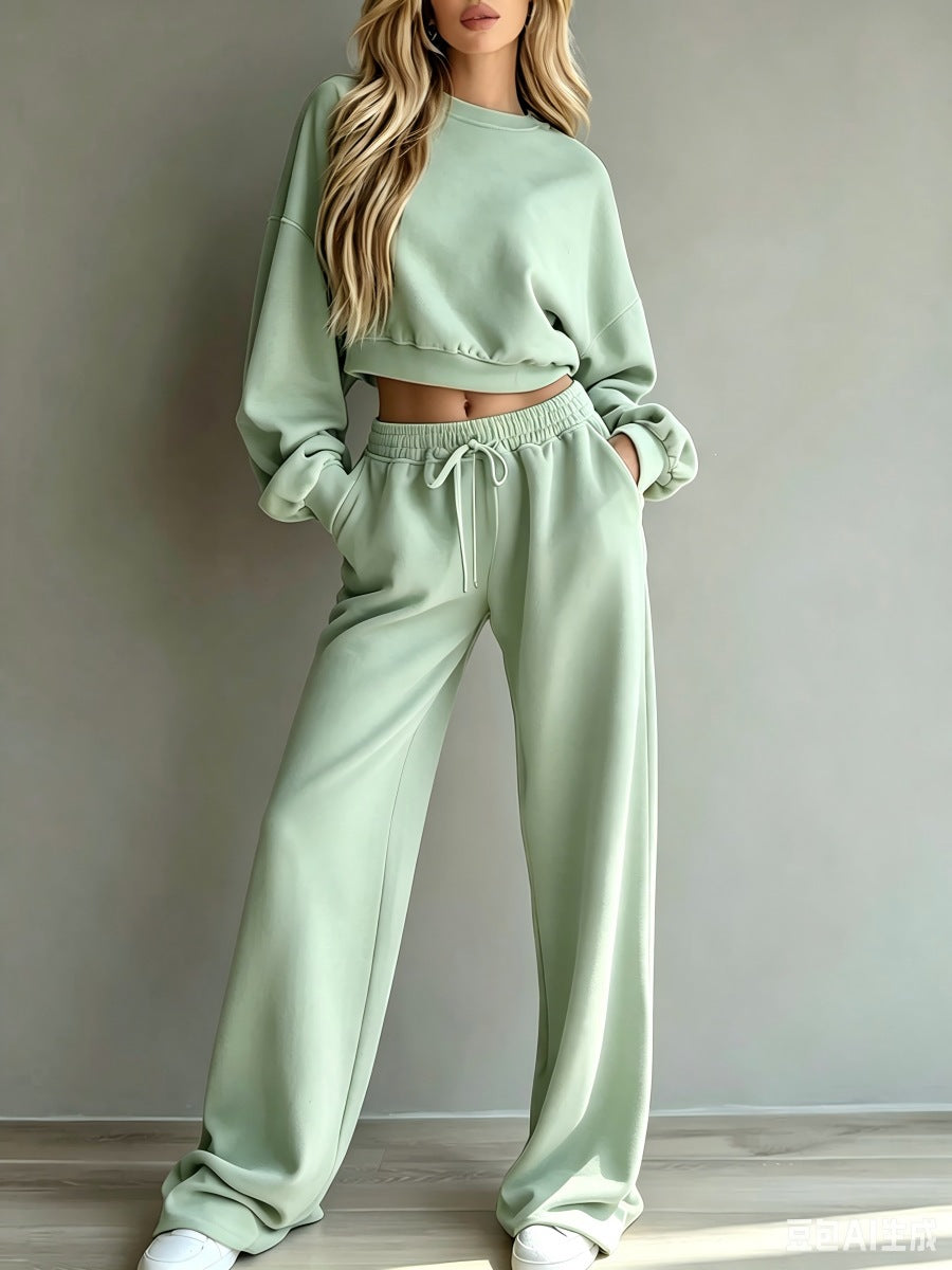 2026 cross-border European and American new autumn/winter casual ultra-short crew neck long-sleeve sweatshirt and wide-leg pants set for women