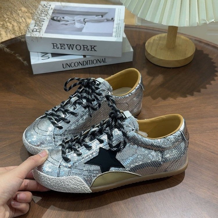 Vintage sequin starboard shoes for women, 2026 trendy new high-end color-block lace-up casual flats