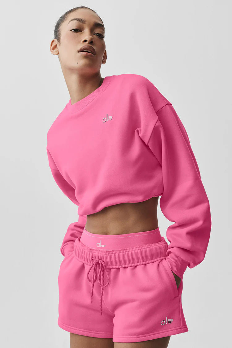 In stock new AIO short crew neck long-sleeve sweatshirt + drawstring shorts for women, casual loose and versatile daily set