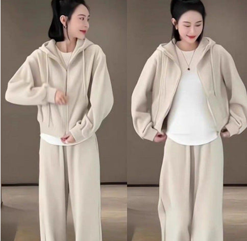 2026 Fashion Sportswear Set: Fleece-Lined Thickened Stand Collar Half Zipper Sweatshirt and Pants, Youthful Design Two-Piece Set for Women