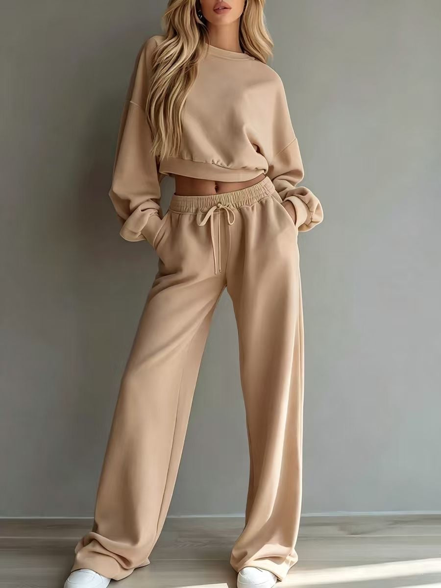 2026 cross-border European and American new autumn/winter casual ultra-short crew neck long-sleeve sweatshirt and wide-leg pants set for women