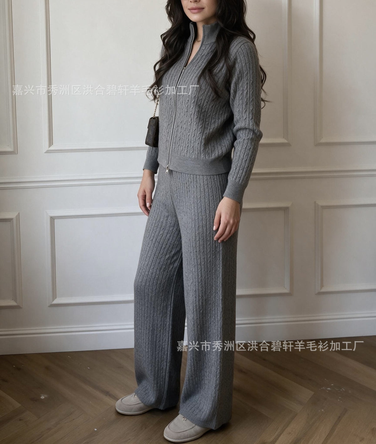 Knitted Two-Piece Outfit: Cross-border braided zipper cardigan + pants two-piece set for women