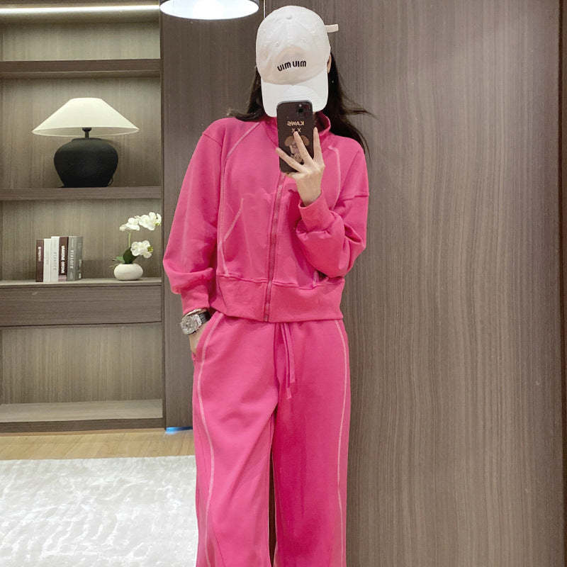 Premium casual sports set for women, autumn 2024 new zipper rose sweatshirt, fashionable and stylish two-piece collar set