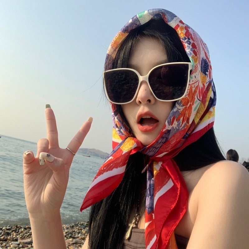 Small square scarf, Chinese style camellia spring and autumn silk scarf for women, Korean style versatile elegant imitation silk scarf, neckscarf tie, bag, and hair tie