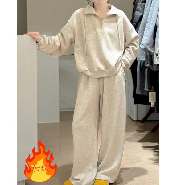 2026 Fashion Sportswear Set: Fleece-Lined Thickened Stand Collar Half Zipper Sweatshirt and Pants, Youthful Design Two-Piece Set for Women