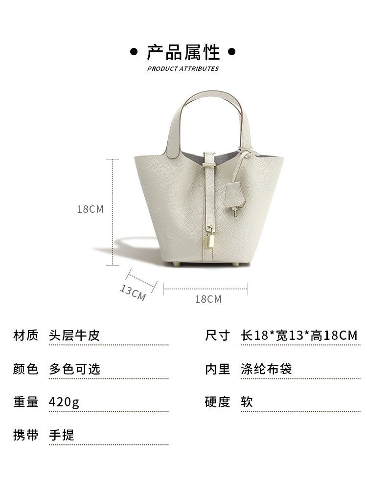TC pattern top layer cowhide 22CM large bucket cabbage basket women's bag leather handbag newlywed bag mommy women's bag