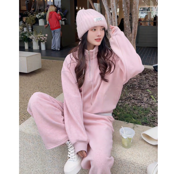 2026 Fashion Sportswear Set: Fleece-Lined Thickened Stand Collar Half Zipper Sweatshirt and Pants, Youthful Design Two-Piece Set for Women
