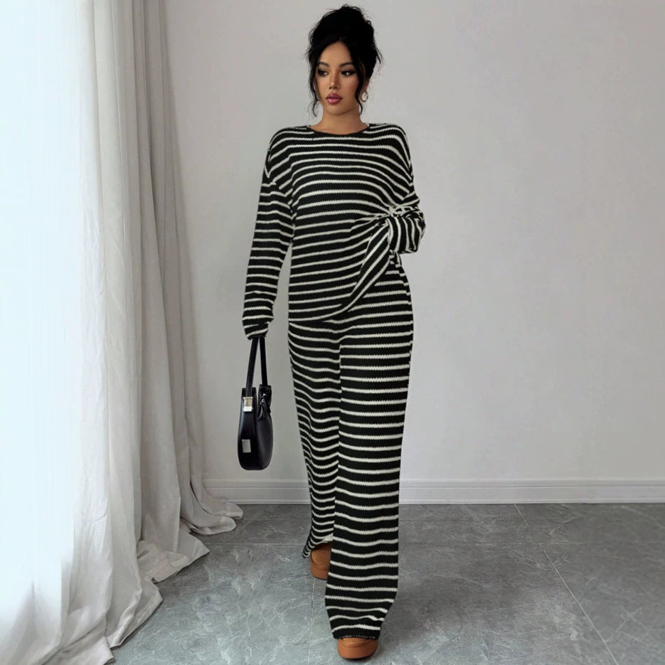 2026 European and American Cross-border Women's Wear Amazon Independent Site Autumn/Winter New Striped Crew Neck Long Sleeve and Long Pants Two-Piece Set
