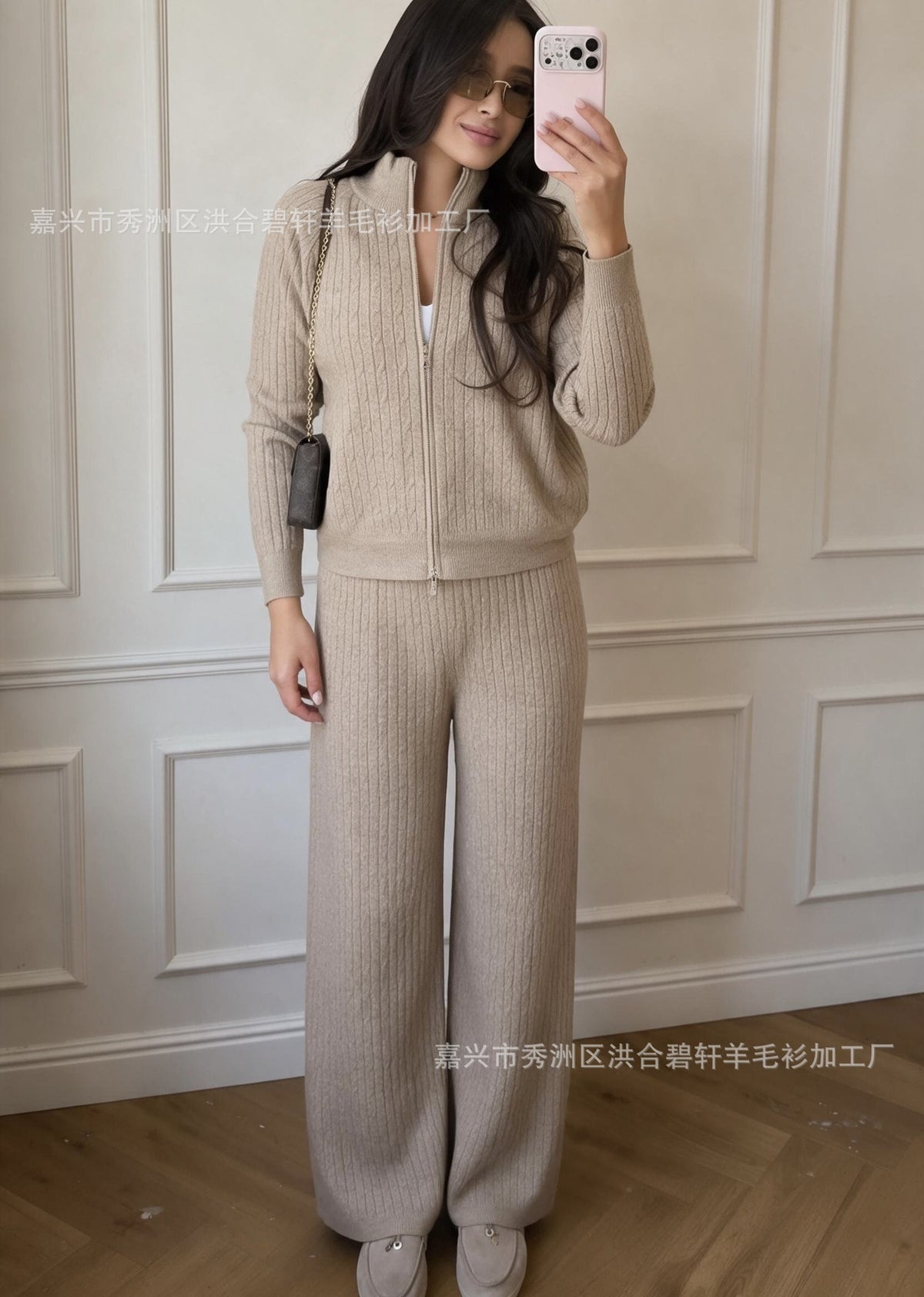 Knitted Two-Piece Outfit: Cross-border braided zipper cardigan + pants two-piece set for women