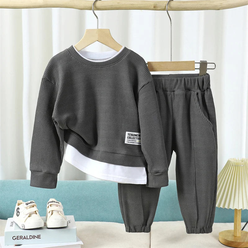 Kids Waffle Casual Sets Boys Autumn Spring Classic Suits Girls Long Sleeves Clothing Children Fashion Top+Pants 2Pcs Outfits