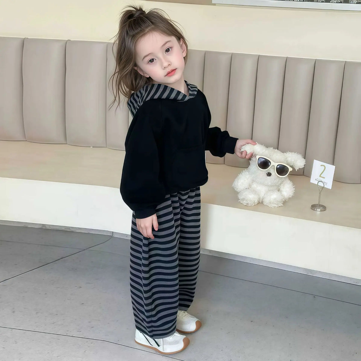 2026 Autumn Children Clothing Sets Baby Boys Girls Cartoon Embroidery Hooded Sweatshirt+Stripe Pants 2PCS Suit Kids Tracksuit
