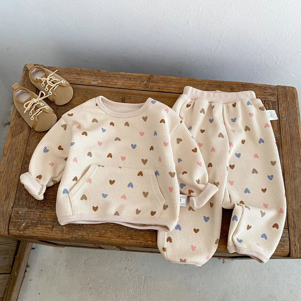 2026 Autumn New Kids Clothing Set Full Of Heart Print Boys Hoodie Suit Toddler Girls Waffle Suit