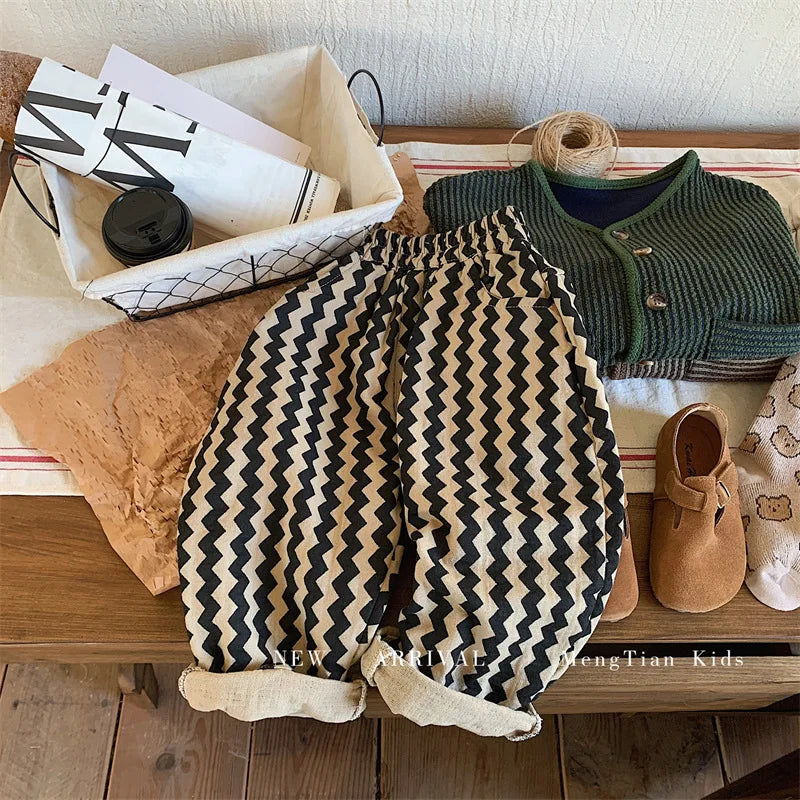 Children Clothing Kids Pants 2026 Spring and Autumn New Fashionable Korean Style Striped Casual Simple Baby Boys Harem Pants