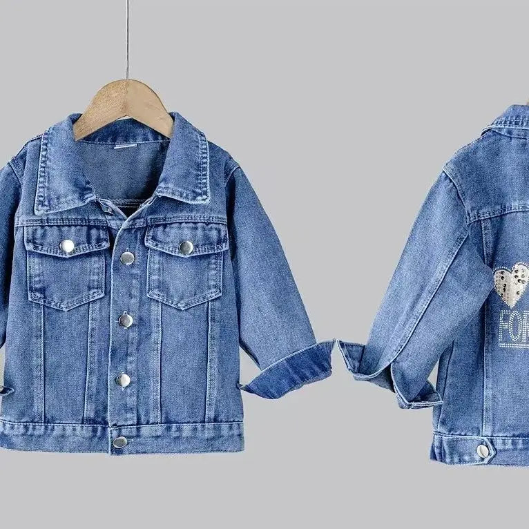 Kids Denim Jacket New Spring Autumn Girls Fashion Bow Bright Diamond Design Lapel Jean Coat Children Outerwear Clothing 2-12 Yrs