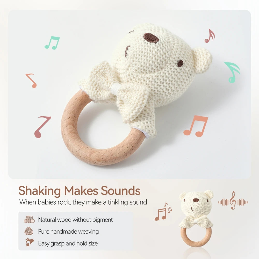 Baby Rattle Toys Cute Bear Crochet Animal Toys Cartoon Wooden Teether Baby Mobile Crib Product Wooden Newborn Rattle Toys
