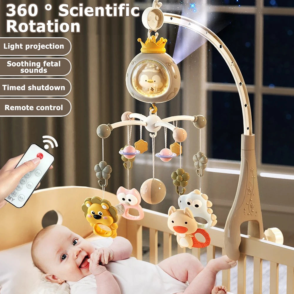 Baby Crib Mobile with Projector and Night Light, Remote Control Musical Rotating Toy with Soothing Lullabies for Newborns