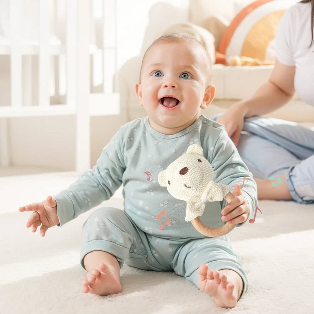 Baby Rattle Toys Cute Bear Crochet Animal Toys Cartoon Wooden Teether Baby Mobile Crib Product Wooden Newborn Rattle Toys
