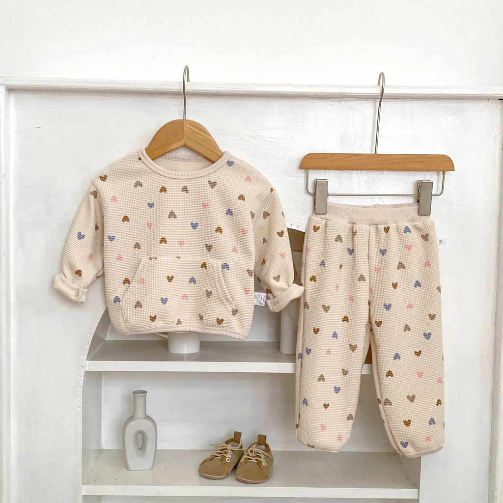 2026 Autumn New Kids Clothing Set Full Of Heart Print Boys Hoodie Suit Toddler Girls Waffle Suit