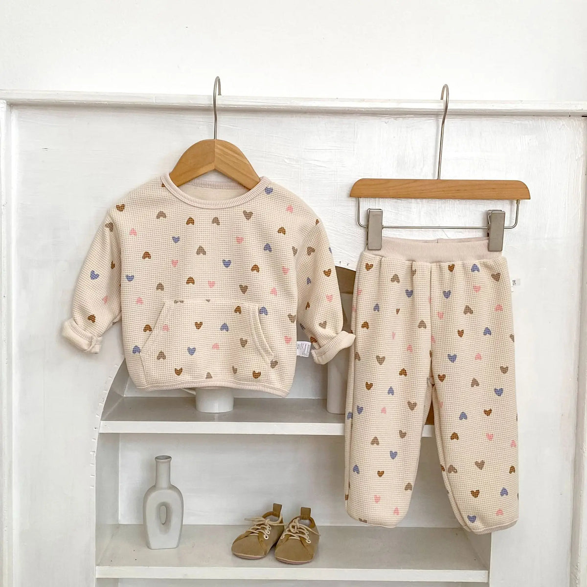 2026 Autumn New Kids Clothing Set Full Of Heart Print Boys Hoodie Suit Toddler Girls Waffle Suit