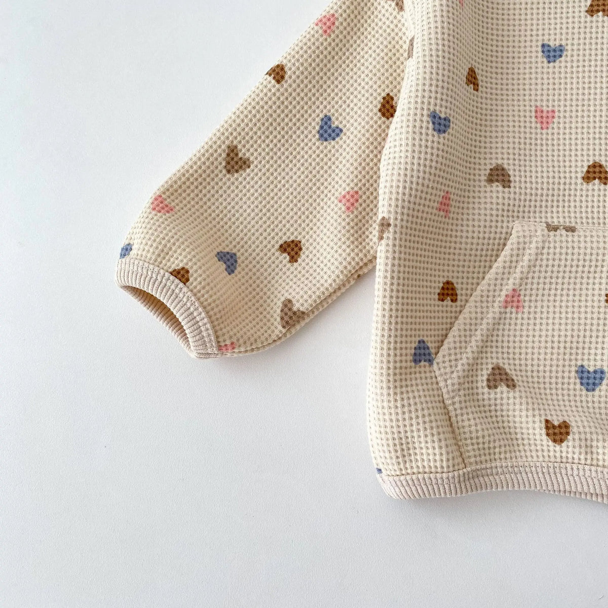 2026 Autumn New Kids Clothing Set Full Of Heart Print Boys Hoodie Suit Toddler Girls Waffle Suit