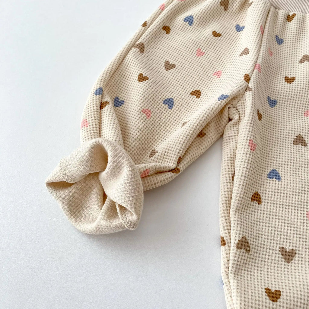 2026 Autumn New Kids Clothing Set Full Of Heart Print Boys Hoodie Suit Toddler Girls Waffle Suit